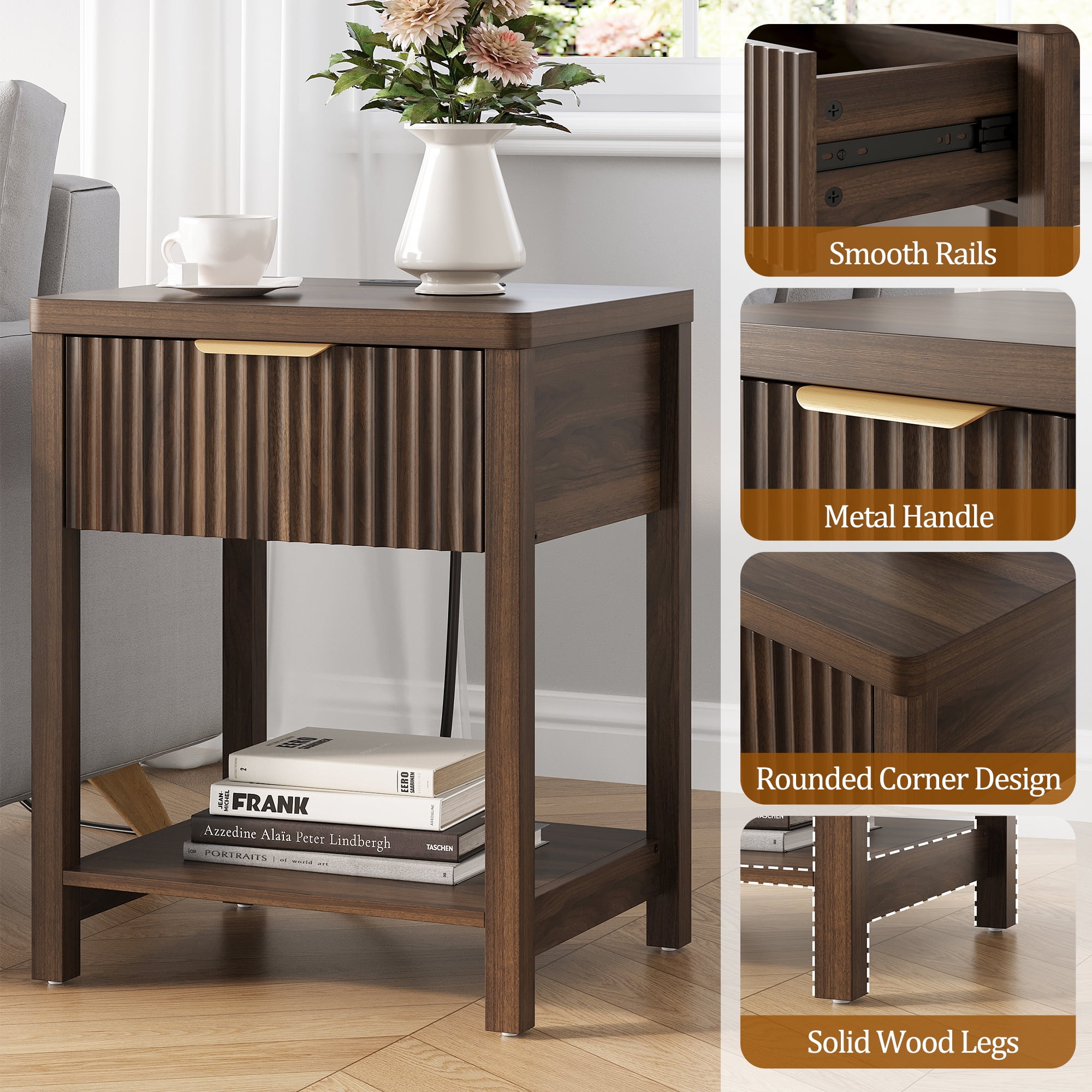 Aufeile Nightstand for Bedroom Set of 2 with Charging Station, Modern Side Table with Drawer & Open Shelf, Fluted End Table with 2 AC Outlets, USB & Type-C, Walnut