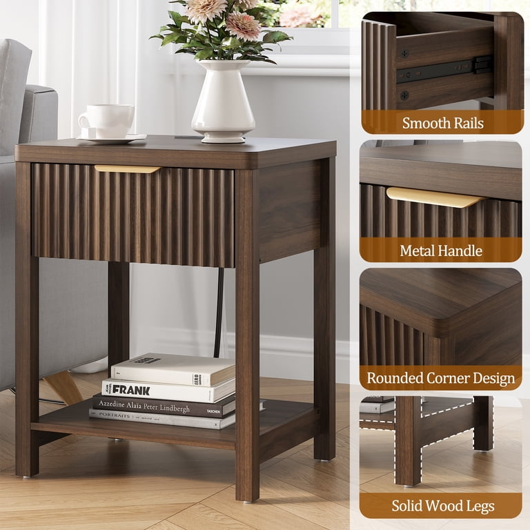 Aufeile Nightstand Set of 2 with Charging Station, Walnut photo 8