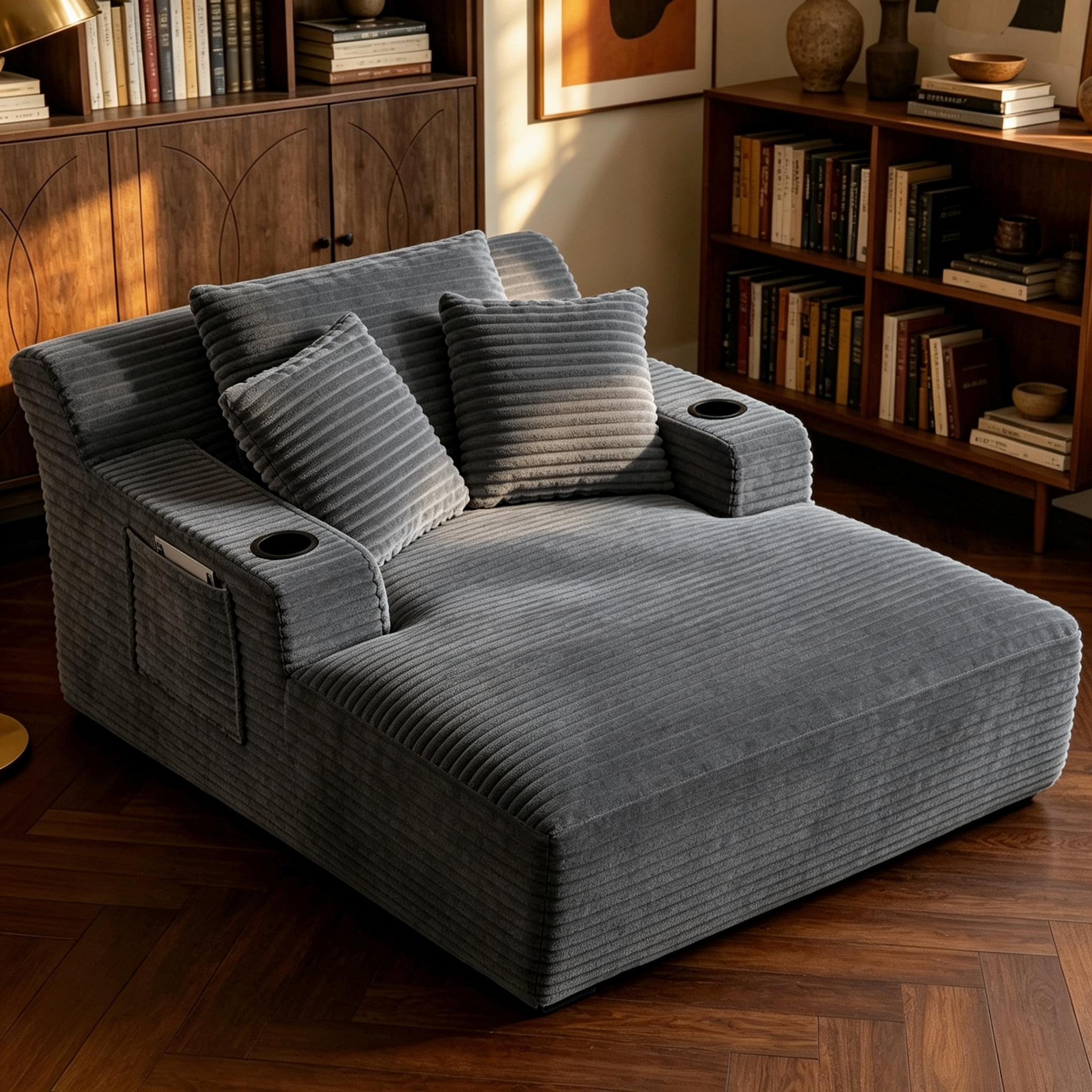 ShiKeyi 66'' Chaise Lounge Chair Indoor, Boneless Sofa Cloud, Plush Corduroy Chaise Couch with Cup Holders, Side Storage Pocket & Pillows, No Assembly Required, Dark Gray