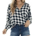 thumbnail image 2 of UVEASISHA Plaid Tops for Women Lapel V Neck Long Sleeve Shirts Cotton Casual Business Work Shirt Dressy Trendy Going Out Blouses Dark Blue M, 2 of 10