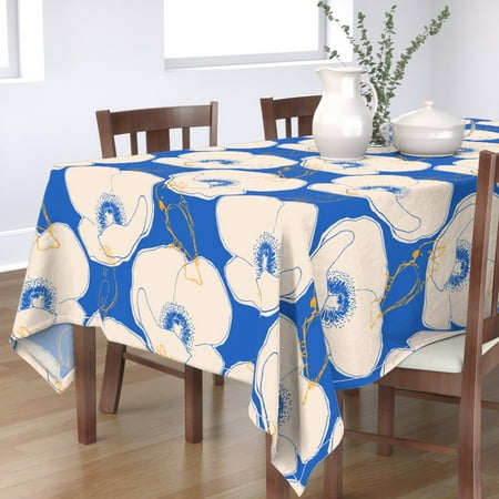 

Cotton Sateen Tablecloth 70 x 144 - Cockatoo Poppy Parrot Cobalt Blue Print Custom Table Linens by Spoonflower