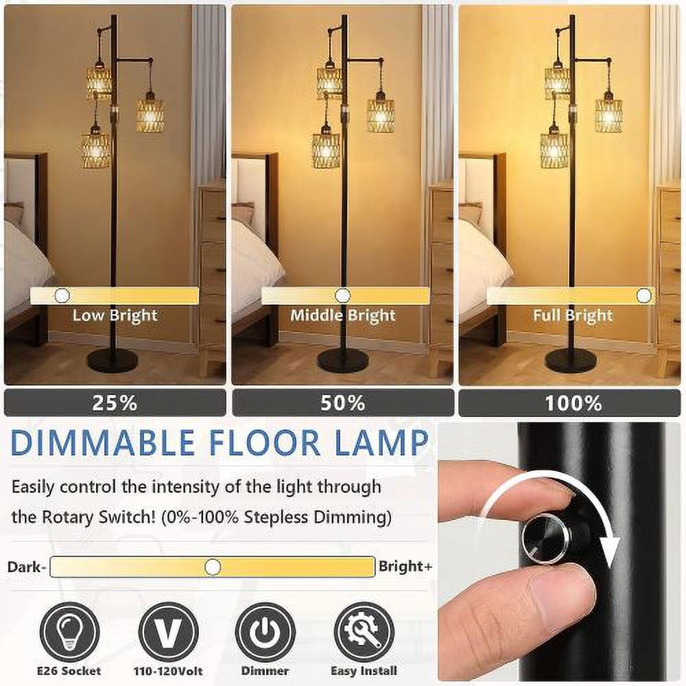 Hi-LIGHTS,65 Inch 3-Lights Boho Dimmable Floor Lamp with Natural Rattan Shade & Reinforced Base(Bulbs Not Included),Farmhouse Tall Floor Lamp for Living Room,Bedroom,Dining room,Office(Black+Brown)