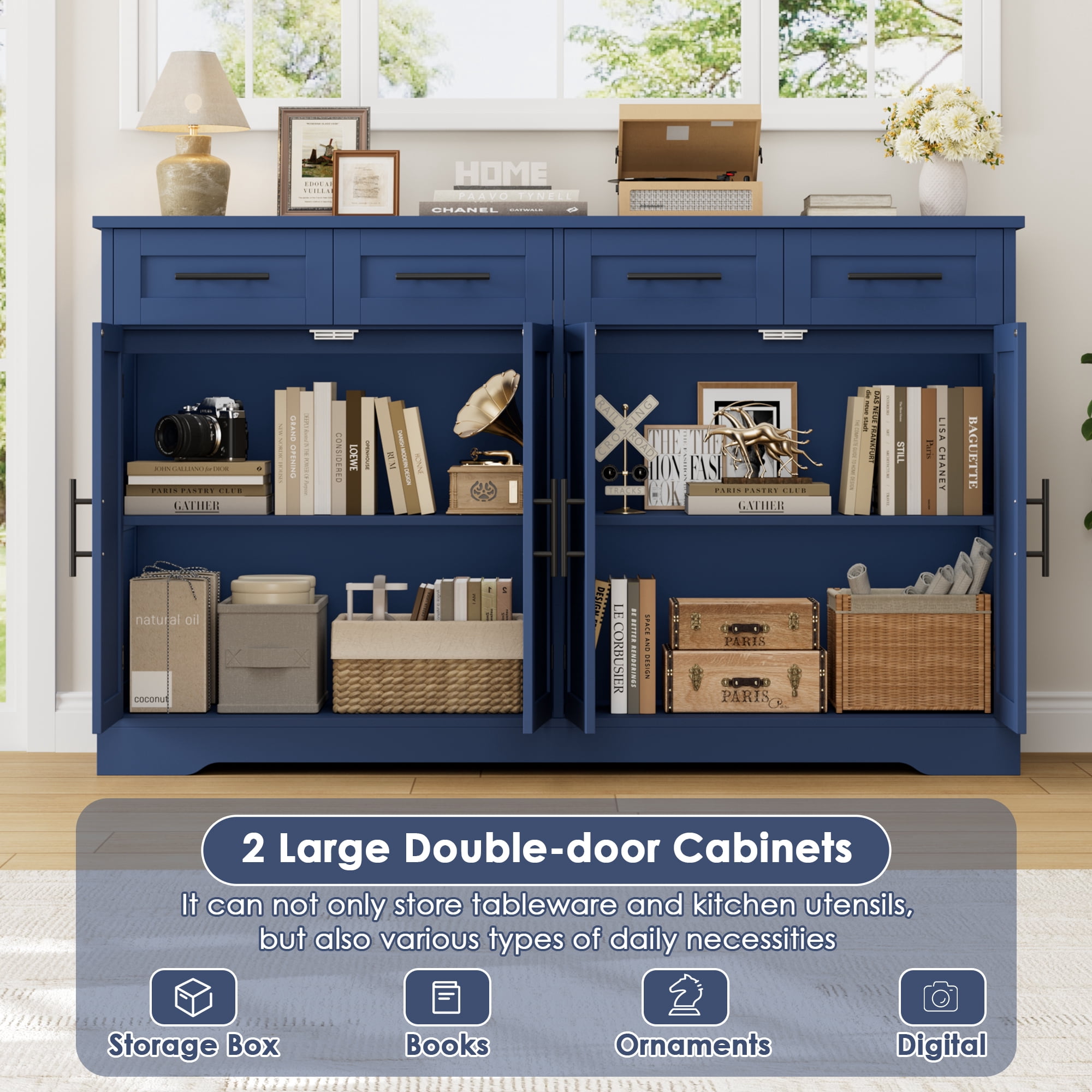 Homfa Farmhouse Buffet Cabinet with 4 Drawers and 4 Doors, 59" W Sideboard Buffet Storage Cabinet with Shelves, for Kitchen Living Room Bedroom, Blue