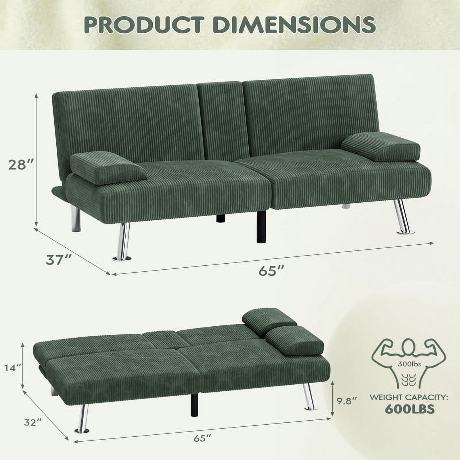 Vineego Convertible Corduroy Futon Sofa Bed with Removable Armrests,Green