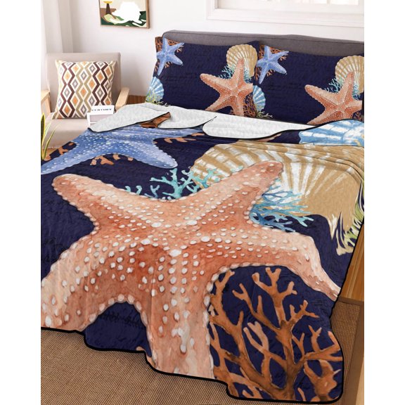 King Quilt Bedding Set, Summer Ocean Starfish Seashell Coral Lightweight Coverlet Summer Comforter Set Soft Microfiber Bedspread, Watercolor 3 Piece Quilt Set with 2 Pillow Shams