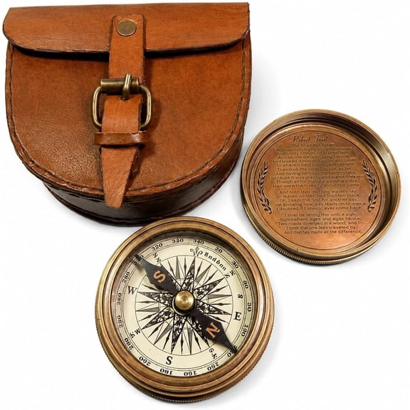 Authentic Vintage Style Brass Pocket Compass with Leather Case Rustic Vintage Home Decor Gifts