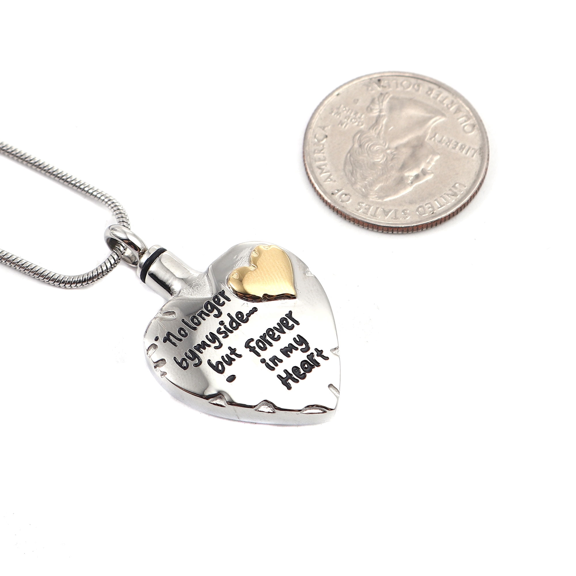 "No Longer by My Side but Forever in My Heart " Silver Heart Cremation Urn Jewelry for Ashes Urn Memorial Pendant Necklace for Ashes with Free Beautiful Velvet Jewelry Box and Fill Kit