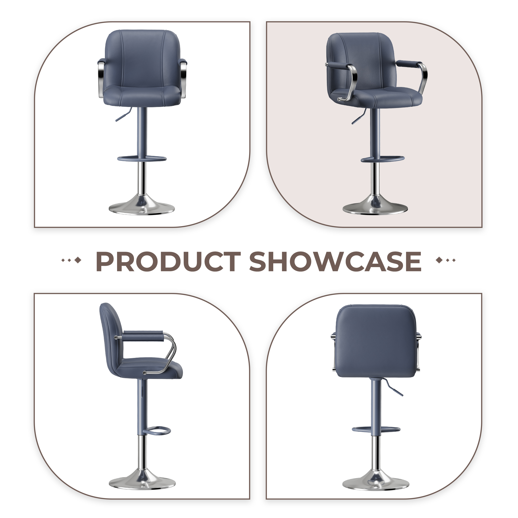 AFO Modern PU Leather Bar Stool Set of 2 with Backrest and Armrests, Height Adjustable 360° Swivel Counter Chair, Blue