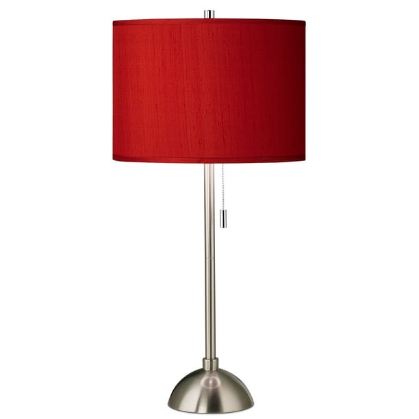 Possini Euro Design Modern Table Lamp Brushed Nickel Silver Metal Column Red Faux Silk Drum Shade For Living Room Bedroom House Com Possini Euro Design Modern Table Lamp, Red Table Lamps For Living Room