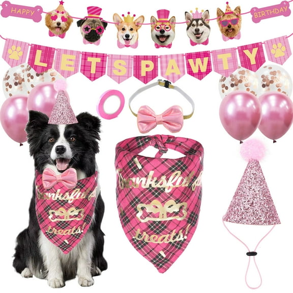 Monebena Dog Birthday Decorations Dog Birthday Bandana Girl Dog Birthday Party Supplies Pink Bowtie Dog Birthday Hat Crown Banner Balloons for Small Girl Dog Birthday Outfit