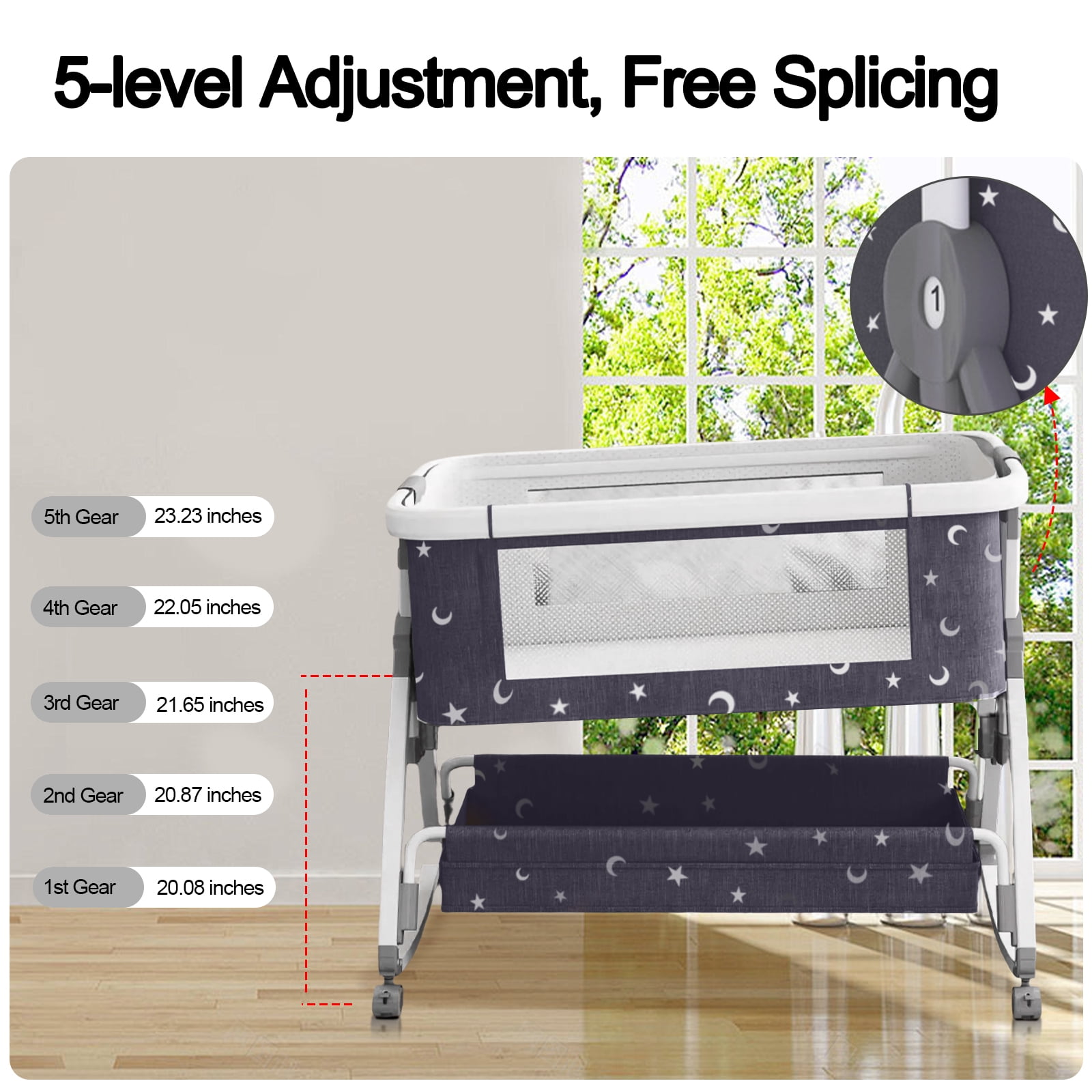 KFeng Baby Bassinet with Changing Table & Wheel,Adjustable Height for 0-36 Months,Gray Star