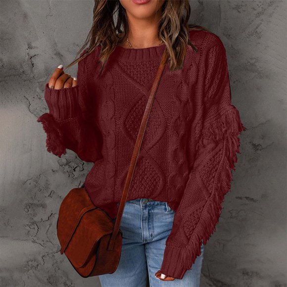 WILLBEST Valentine's Day Women's Sweatshirt Womens Oversized Fuzzy Crewneck Tassel Long Sleeve Sweaters Casual Loose Knitted Pullover Tops