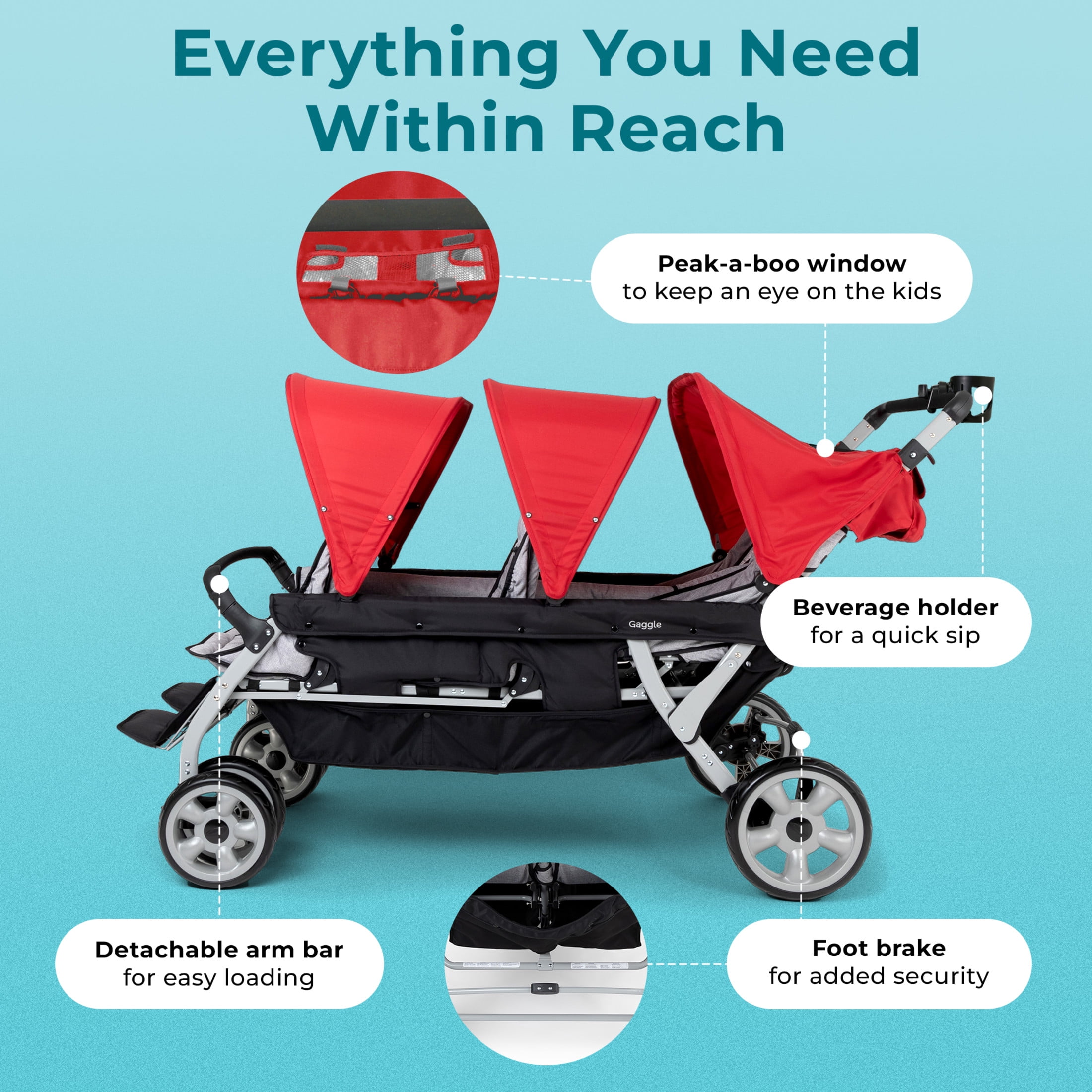 Foundations Gaggle Jamboree 6-Seat Folding Daycare Stroller with Canopies, Reclining Seats, Red/Black