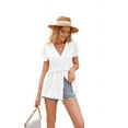 thumbnail image 2 of Womens Casual Tops Short Sleeve V Neck Ruffle Blouse Business Button Shirt Summer White L, 2 of 8