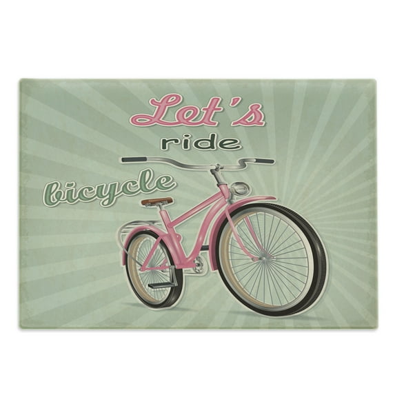 Bicycle Cutting Board, Retro Featured Pop Art Style Urban Dated Bike with Expanding Stripes Velocity Print, Decorative Tempered Glass Cutting and Serving Board, Large Size, Green Pink, by Ambesonne