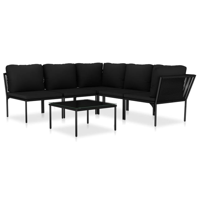 conjunto de lounge de jardín casafoyer 6 piezas pvc negro con cojines Vista 3/4 frontal de conjunto modular en L de 6 piezas con estructura de acero con recubrimiento en polvo y cable de PVC negro, cojines negros removibles y gruesos, mesa baja cuadrada con tapa de cristal y patas metálicas, fondo neutro de estudio; a menudo usado para crear una zona de conversación en patio o terraza.