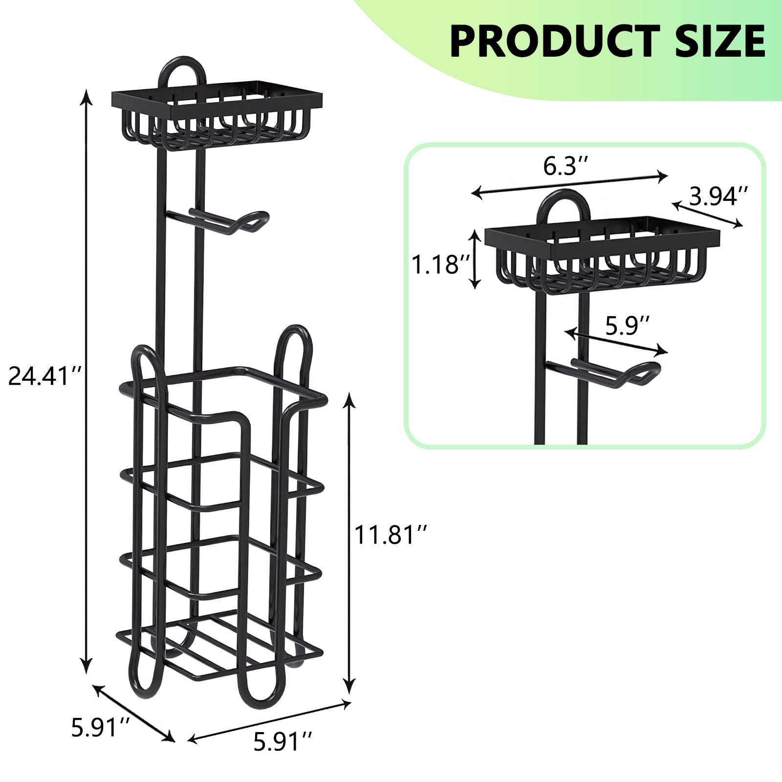 Yoneston 2 Pcs Toilet Paper Holder with Large Top Shelf Heavy Duty Bathroom Freestanding Toilet Paper Roll Stand, Iron Black
