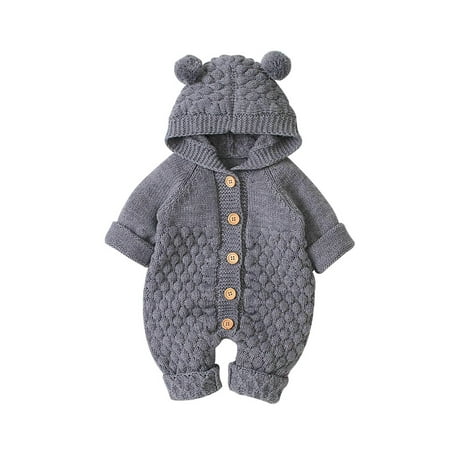 

Infant Baby Girl Boy Fall Winter Outfits Bear Ears Hooded Romper Jumpsuit Bodysuit Warm Knitted Clothes