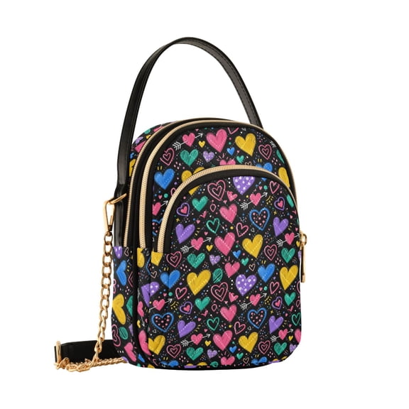 Women's Quilted Crossbody Bag Small Shoulder Tote Purse with 3 Zipper Pockets Vibrantly Colored Heart Patterns