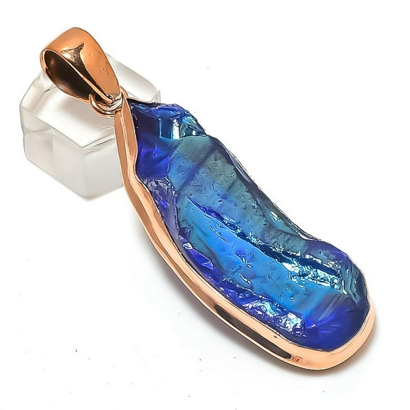 Natural Peacock Titanium Aura Gemstone Copper Jewelry Pendant 2.76"