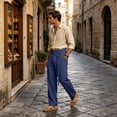 thumbnail image 2 of Uwinwear Mens Linen Beach Pants Casual Summer Stylish Straight Leg Trousers Lightweight Loose Fit Travel Pants With Pockets,Navy,XL, 2 of 6