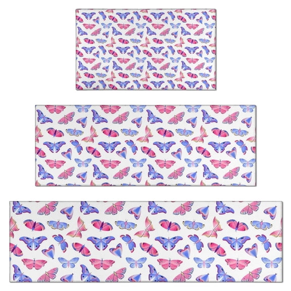Pink Blue Butterfly Pattern Kitchen Rugs Sets Of 3,Kitchen Runner Rugs Non Skid Washable,Decorative Kitchen Floor Mats for Kitchen,Sink,Laundry,17"x30" 17"x47" 17"x59"