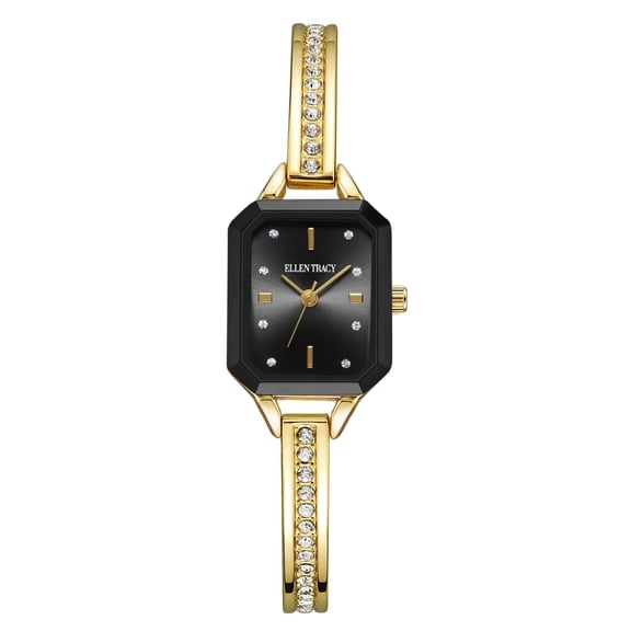 Ellen Tracy Women’s Gold Bracelet Watch – Elegant Octagon Black Dial Dress Watch with Crystal Accents, Slim Bangle Style