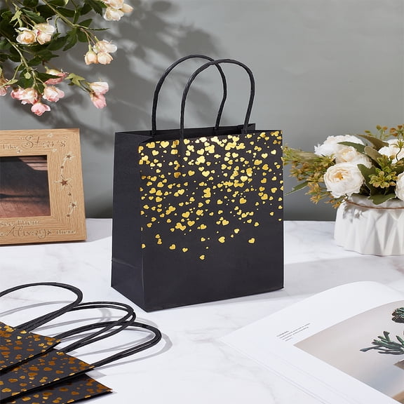4Pcs Heart Printed Gift Bags Golden Printed Paper Bags with Handles for Birthday Bridal Shower Bachelorette Party Supplies Gifts