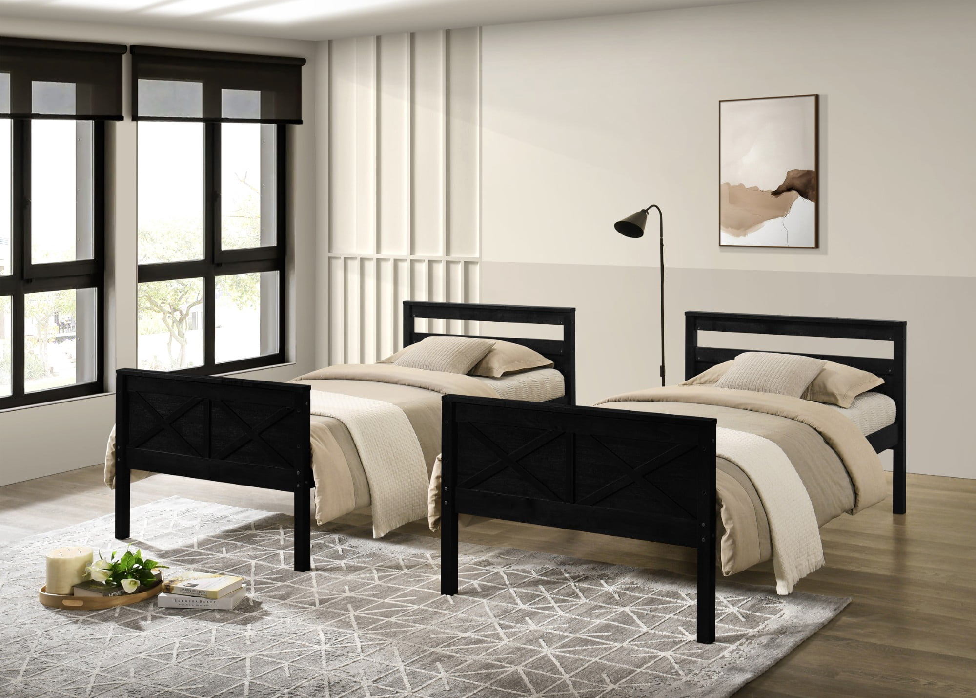Home Design Exeter Twin Over Twin Solid Wood Bunk Bed Frame with Guardrails and Ladder, Black, Easy Assembly