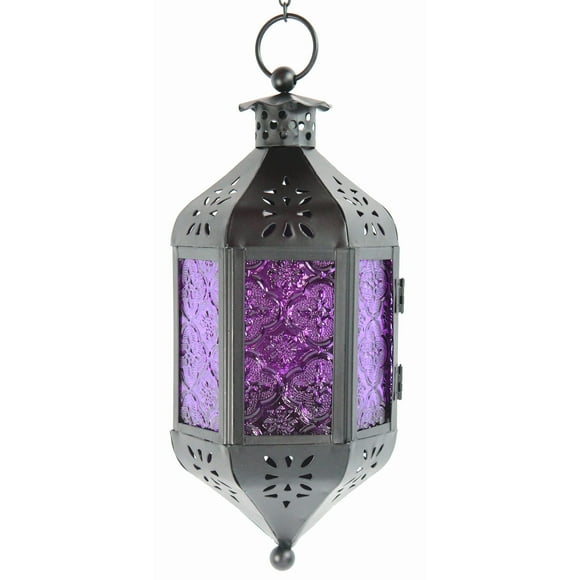 VELA LANTERNS Hanging Decor Moroccan Lamp Decorative Lantern Indoor Outdoor Candle Holder for Patio or Porch, Weddings, Halloween, Christmas, Purple Glass