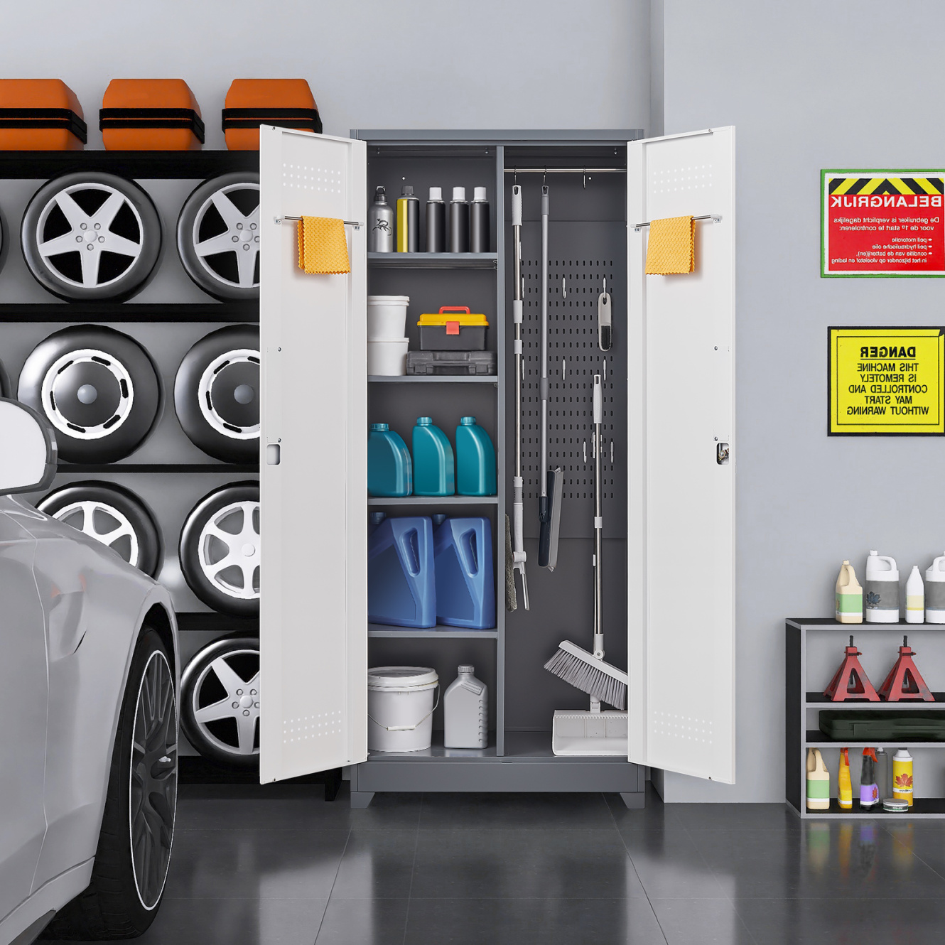 72'' Metal Garage Cabinet, Cleaning Tool Cabinets With Lockable Doors, High Broom Tool Storage Cabinets with Adjustable Shelves, for Kitchens, Offices, Shops, Grey+White