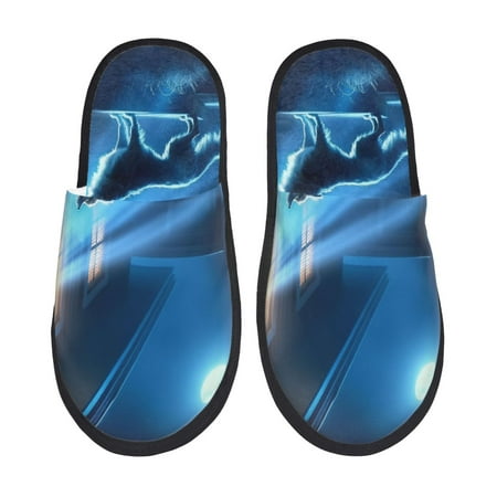 Balery A Wolf Barks Out A Window Slient Indoor Furry Fleece Comfort House Shoes Soft Non-Slip Home Shoes Cotton slippers House Slippers-- Large