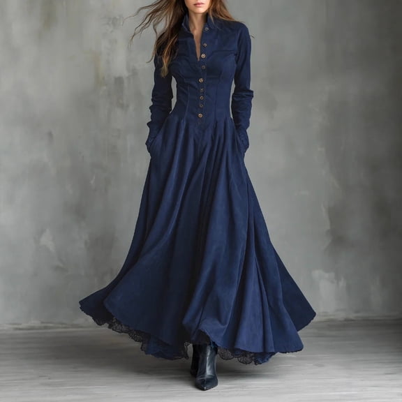Xdegoge Button Down Dress for Women Long Sleeve Lapel Dresses Solid Color Flowy A-Line Maxi Dress Casual Loose Formal Ladies Dailywear with Pockets