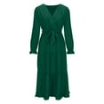 thumbnail image 3 of Women's Fall Wrap V Neck Midi Dress with Belt, Loose Fit Long Sleeve Flowy Ruffle Pleated Casual Dresses, 3 of 5