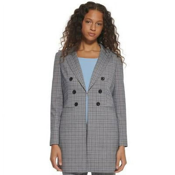 Tommy Hilfiger Womens Plaid Peak-Lapel Long Forever Blue Multi 12