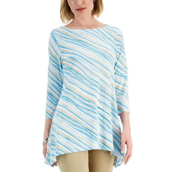 JM Collection Womens Printed Handkerchief Hem Top Blue Club Combo M