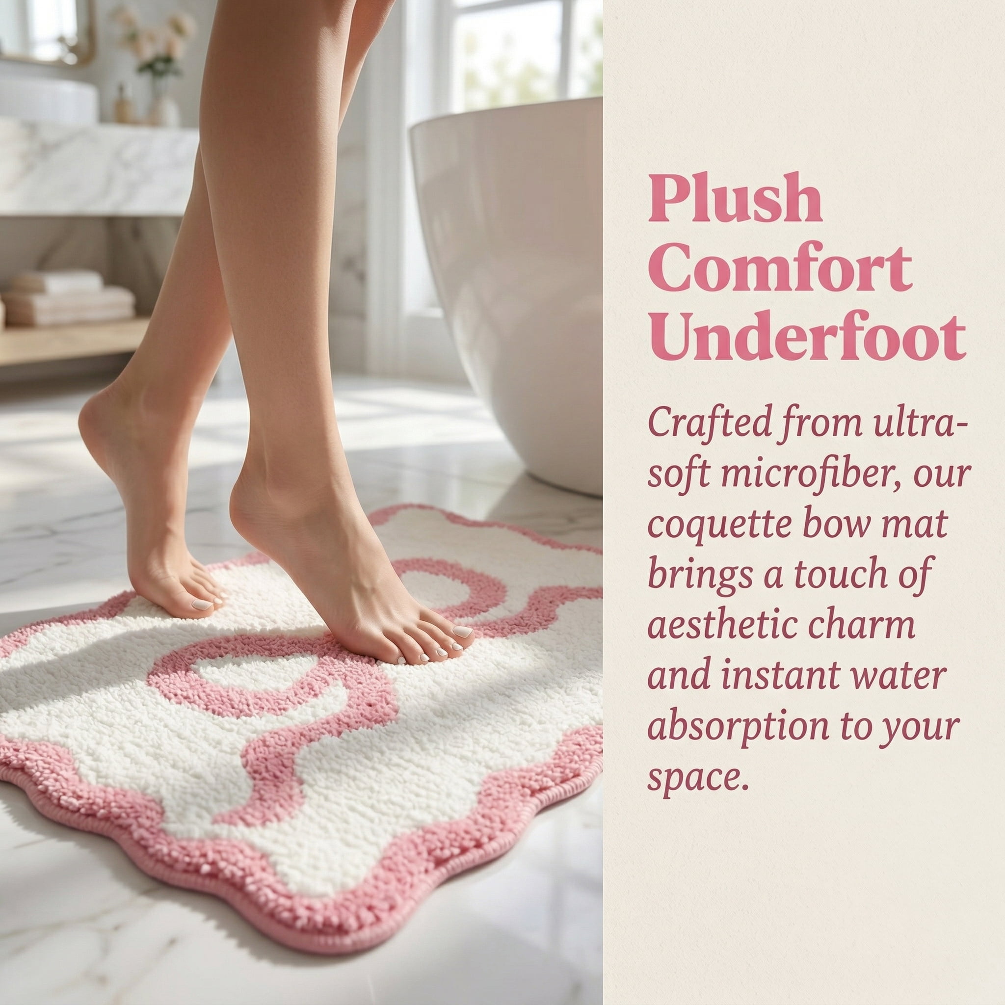 Pink Bow Bathroom Rug 16" x 24", Scalloped Bow Bath Mat Non Slip, Cute Aesthetic Coquette Carpet, Microfiber Absorbent Bath Mat for Bathtub Shower Bedroom Valentine Decor