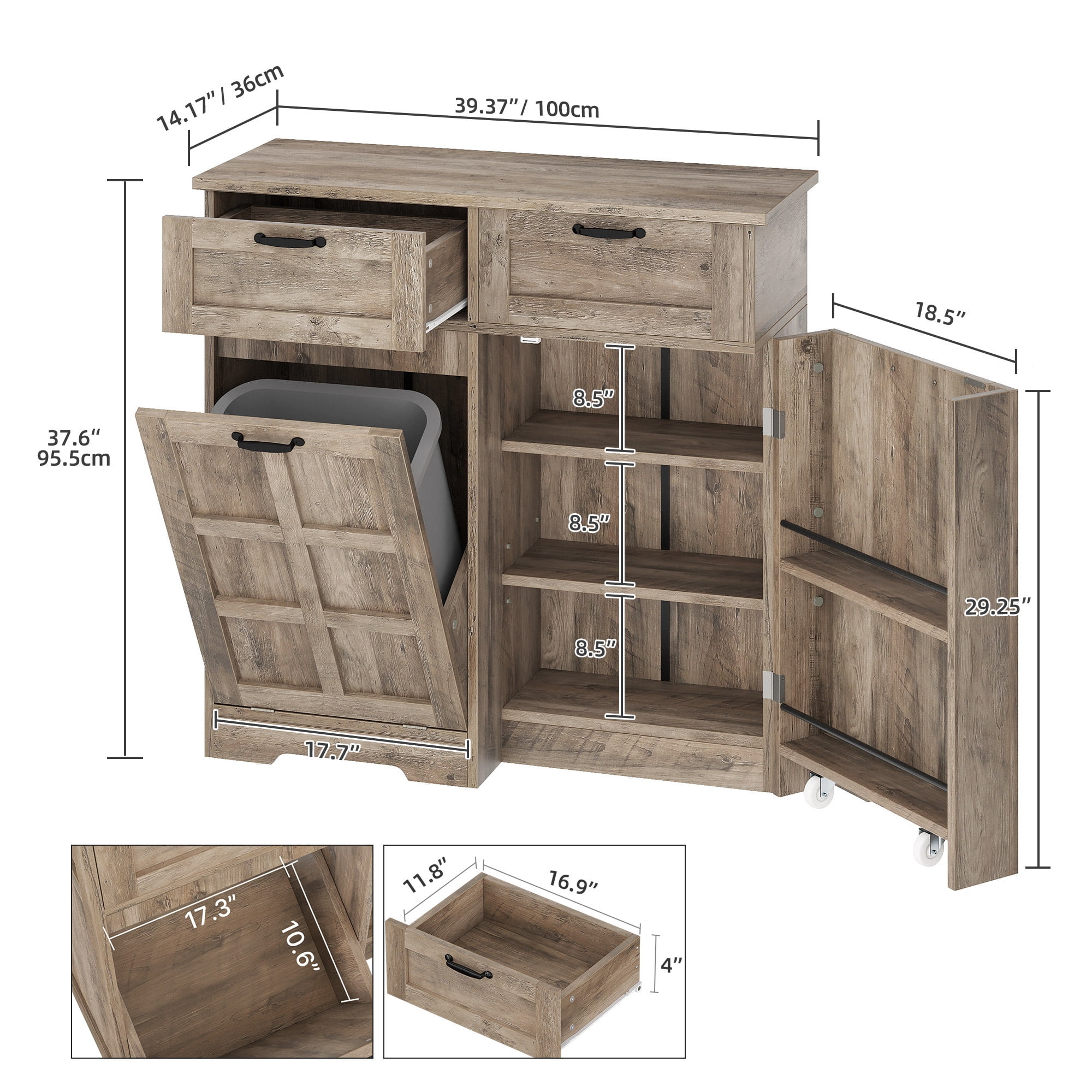 Uforic Kitchen Storage Buffet Cabinet for 10-gal Trash Bin, Tilt Out Trash Cabinet with Drawers & Shelves, Wash Gray