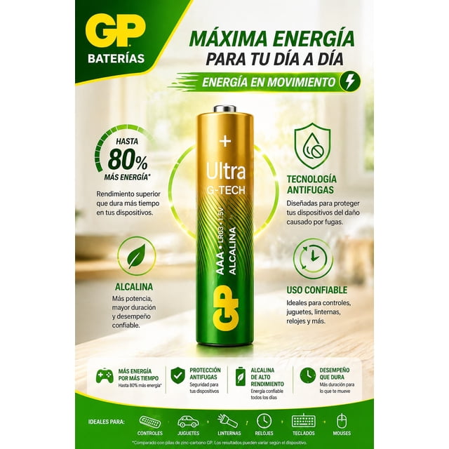 Pilas alcalinas GP Ultra AAA 10 pzas, larga duración.