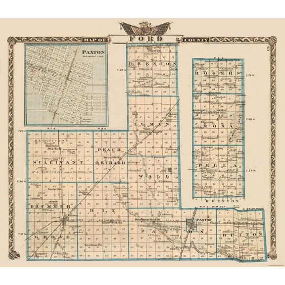 Historic County Map - Ford County Illinois - Warner 1870 - 26.31 x 23 - Vintage Wall Art