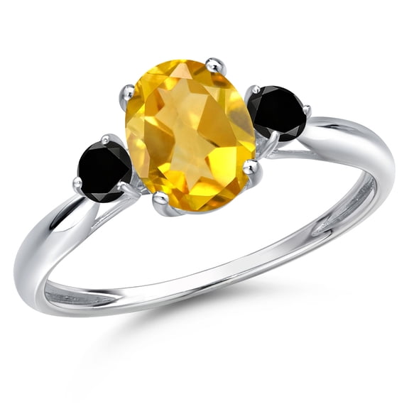 Gem Stone King 10K White Gold Yellow Citrine and Black Diamond 3-Stone Ring for Women | 1.50 Cttw | Oval 8X6MM | Gemstone November Birthstone | Size 8