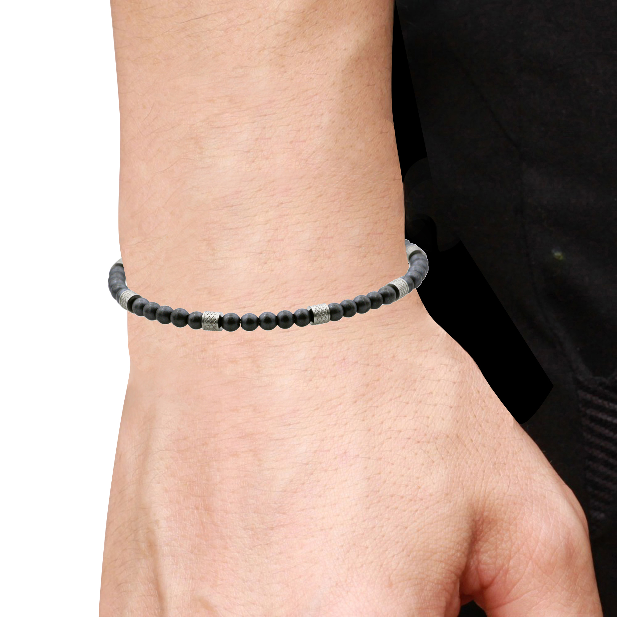 Mens Genuine Hematite Stainless Steel Beaded Bracelet.