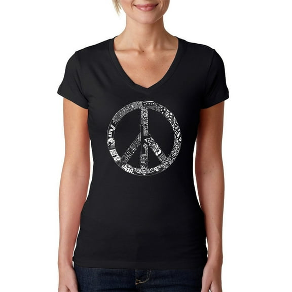LA Pop Art Women's Word Art V-Neck T-Shirt - PEACE, LOVE, & MUSIC
