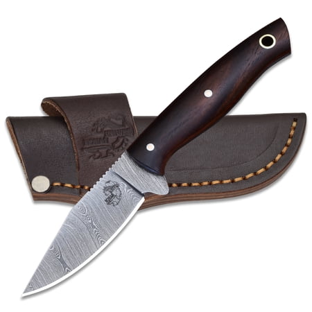 Knives Ranch Fixed Blade EDC with Horizontal Carry Sheath - Small Hunting Knives - Damascus Skinning Knife - Cowboy Knife with Leather Sheath Stabilized Rosewood Handle (3196-IRW)