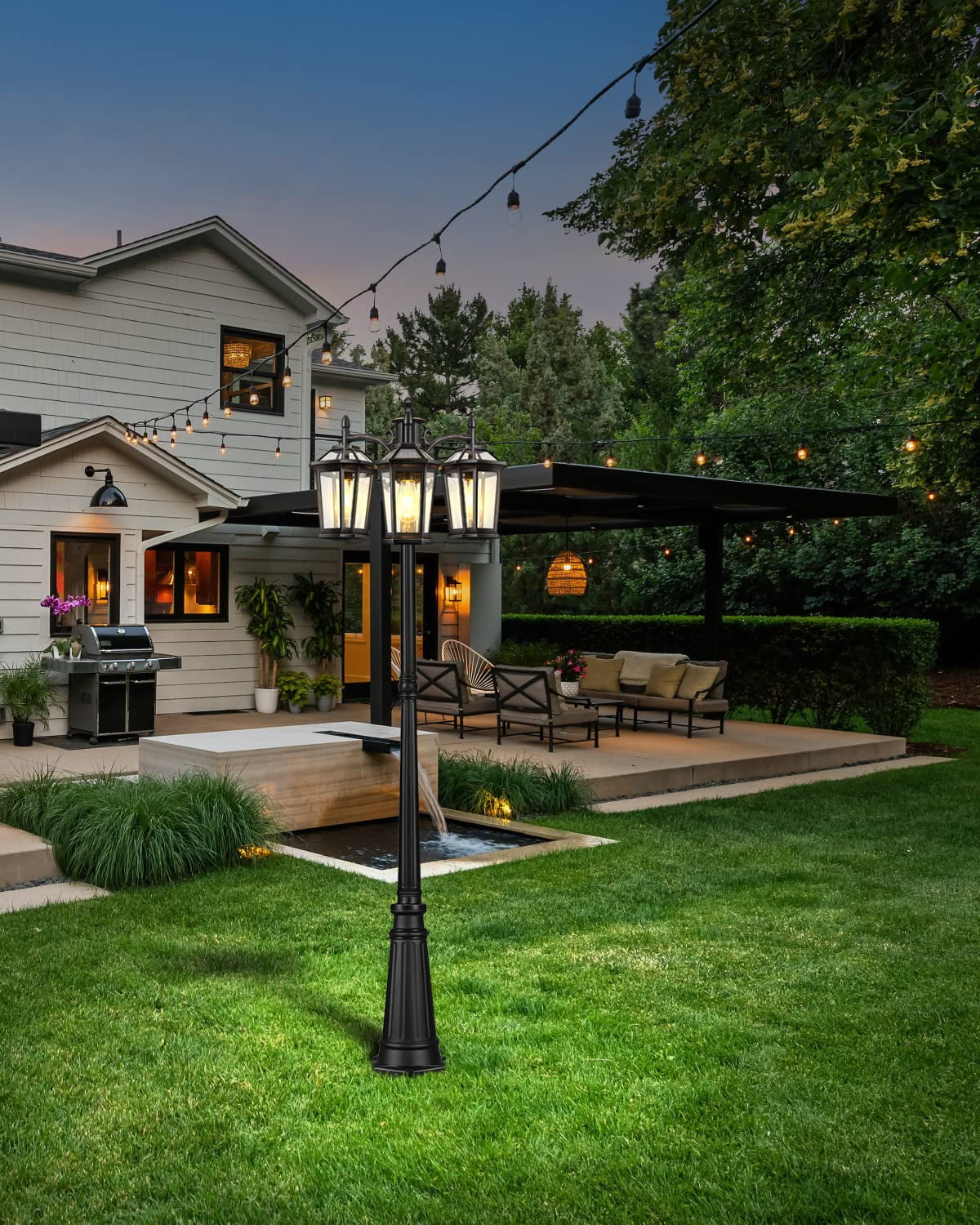 VIANIS Outdoor Lamp Post Lights with Dusk to Dawn Sensor, Triple Head Street Pole Light Fixtures Waterproof, Outside Electric Lantern Backyard Lighting, Christmas Lamp Post for Garden Patio Driveway