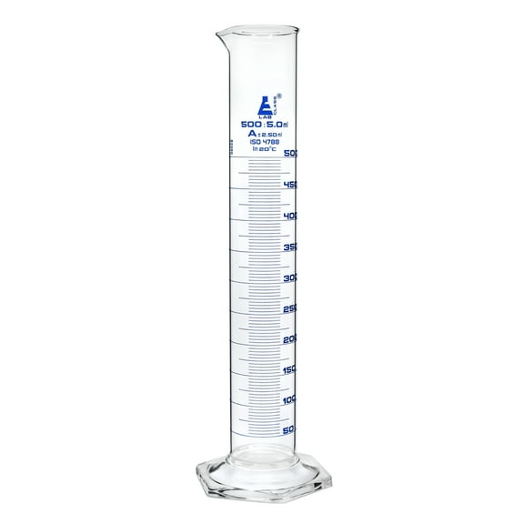 Graduated Cylinder, 500ml - Class A Tolerance ?2.50ml - Hexagonal Base - Blue Graduations - Borosilicate 3.3 Glass - Eisco Labs
