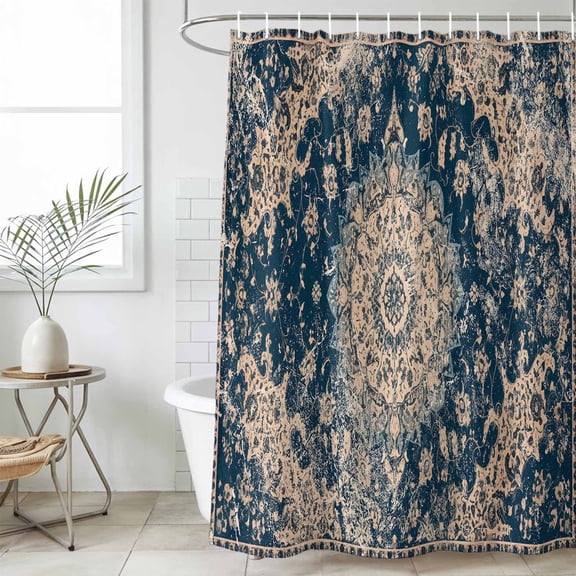 Navy Blue Boho Waterproof Fabric Shower Curtain,Modern Geometric Abstract Ehtnic Waterproof Fabric Shower Curtain for Bathroom Curtains Bathtubs Hotel Shower Curtains with 12 Hooks Standard 60x72