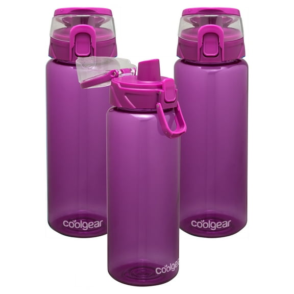 Cool Gear 3-Pack Tritan Plastic 32 oz Cylinder Water Bottle with Halo Top Lid | Dishwasher Safe, Leakproof, Shatter-Resistant Water Bottle With Easy Carry Loop | Plum Pack