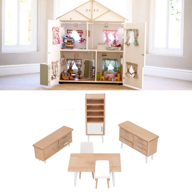 Juego De Muebles Para Casa De Muñecas – Escala 1:12 – Cuna, Mecedora, Silla Y Armario De Madera – Blanco