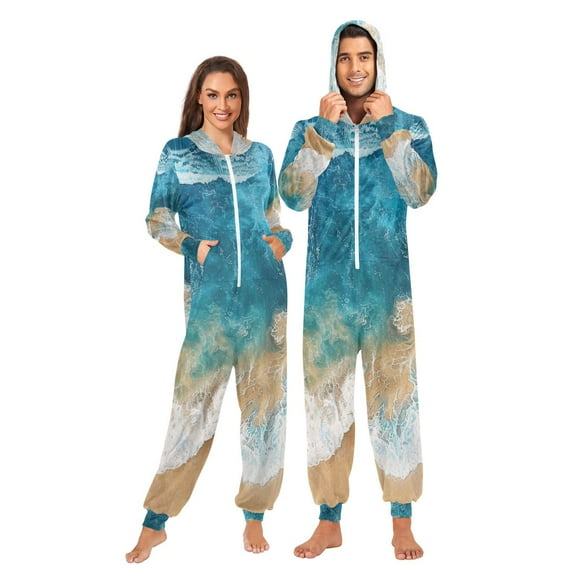 Beach Ocean Adult Onesie Pajamas Slim Fit Christmas One Piece Suit Pjs for Women and Men Hooded Zipper